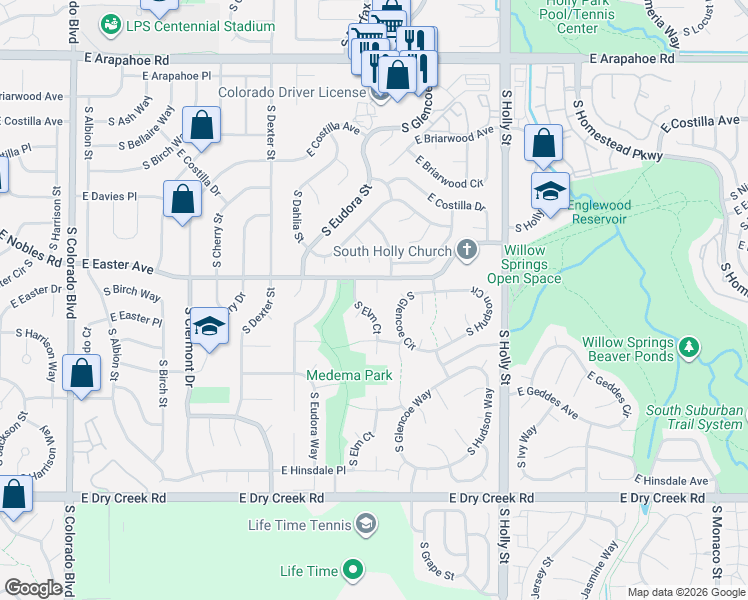 map of restaurants, bars, coffee shops, grocery stores, and more near 7197 South Fairfax Court in Centennial