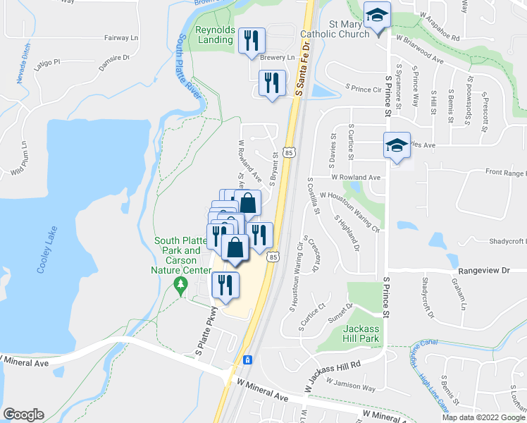 map of restaurants, bars, coffee shops, grocery stores, and more near 7132 South Bryant Street in Littleton