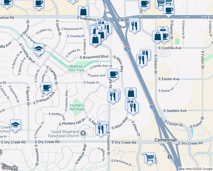 map of restaurants, bars, coffee shops, grocery stores, and more near 7144 South Xenia Circle in Centennial