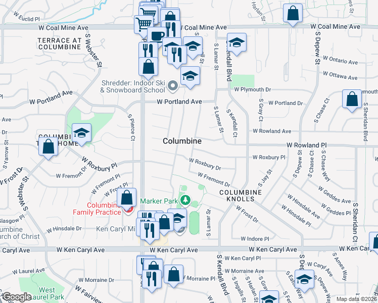 map of restaurants, bars, coffee shops, grocery stores, and more near 6528 West Roxbury Drive in Littleton