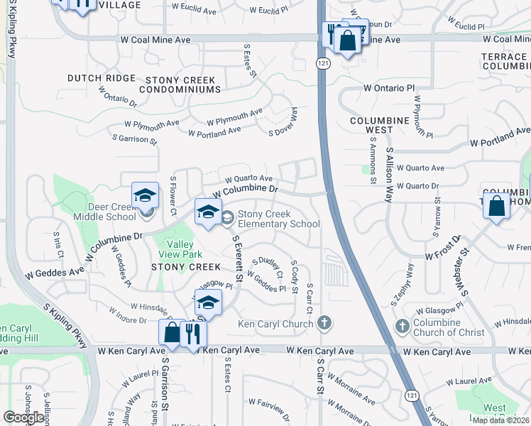 map of restaurants, bars, coffee shops, grocery stores, and more near 7215 South Dover Court in Littleton