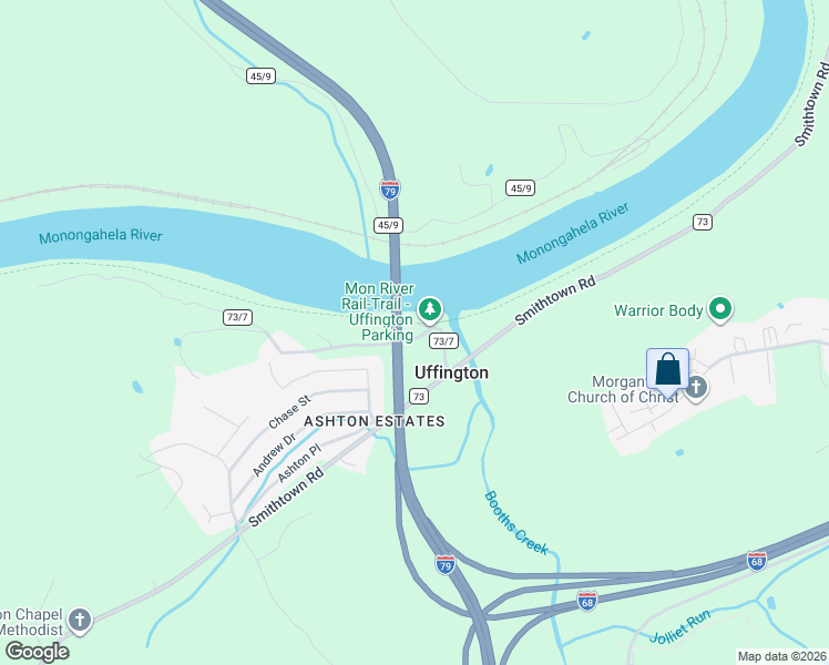 map of restaurants, bars, coffee shops, grocery stores, and more near 48 Round Bottom Road in Morgantown