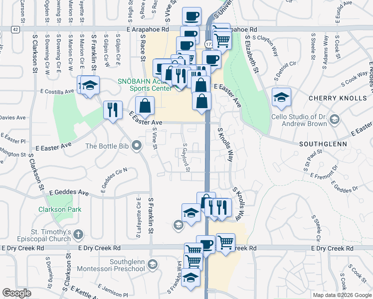 map of restaurants, bars, coffee shops, grocery stores, and more near 7275 South Gaylord Street in Centennial