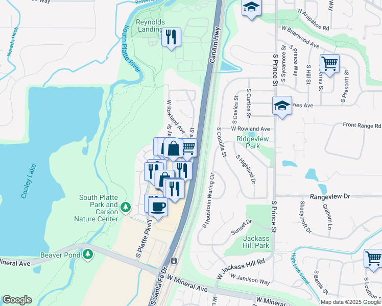 map of restaurants, bars, coffee shops, grocery stores, and more near 7301 South Santa Fe Drive in Littleton