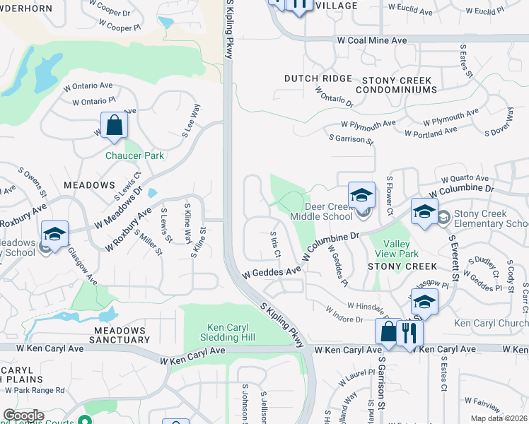 map of restaurants, bars, coffee shops, grocery stores, and more near 9827 West Roxbury Place in Littleton