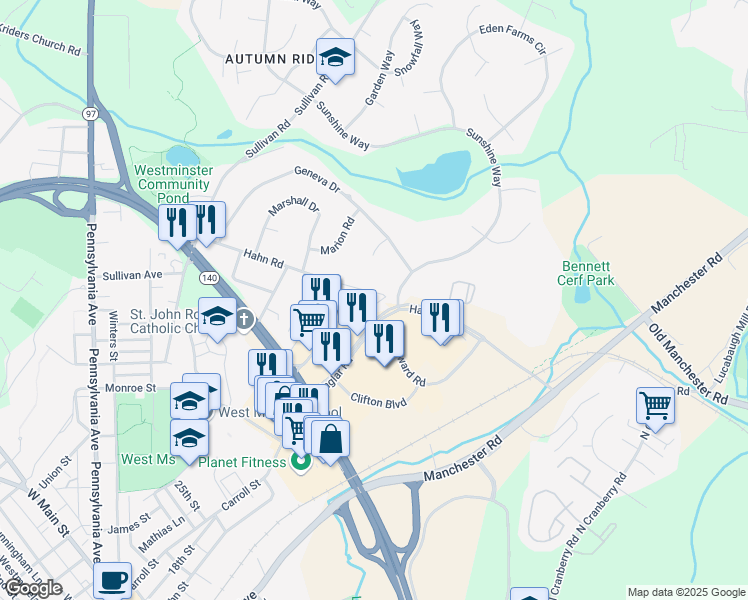 map of restaurants, bars, coffee shops, grocery stores, and more near 295 Hahn Road in Westminster