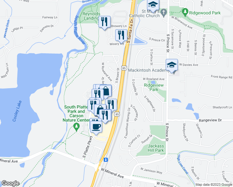 map of restaurants, bars, coffee shops, grocery stores, and more near 7301 South Santa Fe Drive in Littleton
