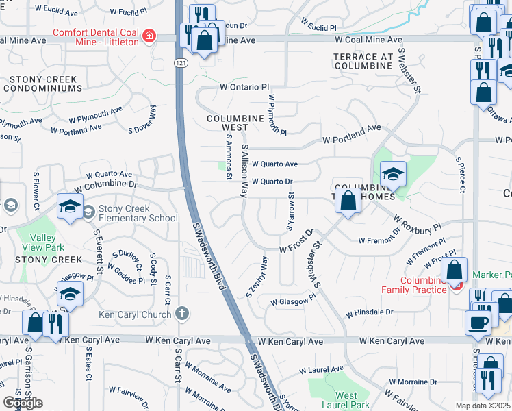 map of restaurants, bars, coffee shops, grocery stores, and more near 7242 South Allison Way in Littleton