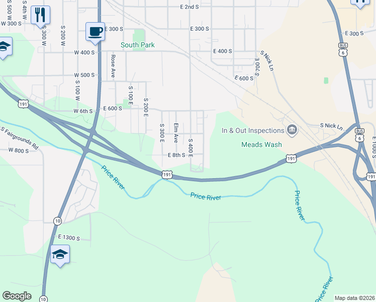 map of restaurants, bars, coffee shops, grocery stores, and more near 840 South 400 East in Price