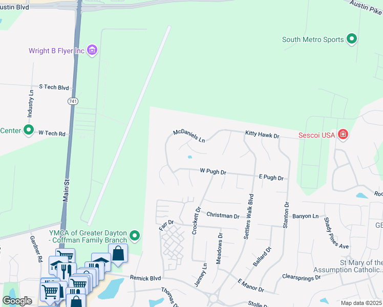 map of restaurants, bars, coffee shops, grocery stores, and more near 356 West Pugh Drive in Springboro