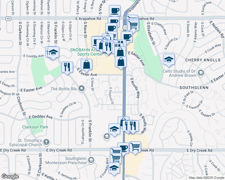 map of restaurants, bars, coffee shops, grocery stores, and more near 2301 East Fremont Avenue in Centennial