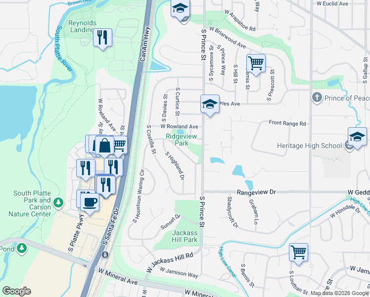 map of restaurants, bars, coffee shops, grocery stores, and more near 2483 West Houstoun Waring Circle in Littleton