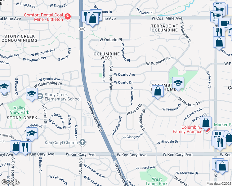 map of restaurants, bars, coffee shops, grocery stores, and more near 7242 South Allison Way in Littleton