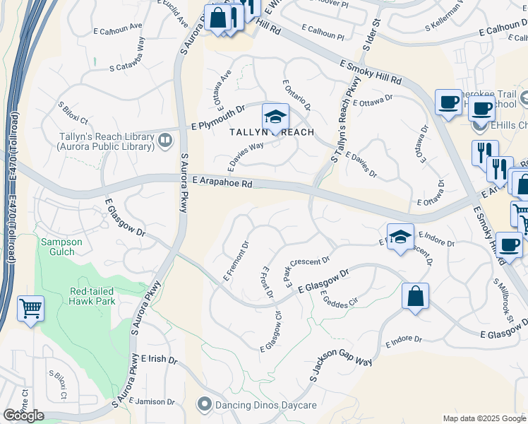 map of restaurants, bars, coffee shops, grocery stores, and more near 24446 East Fremont Drive in Aurora