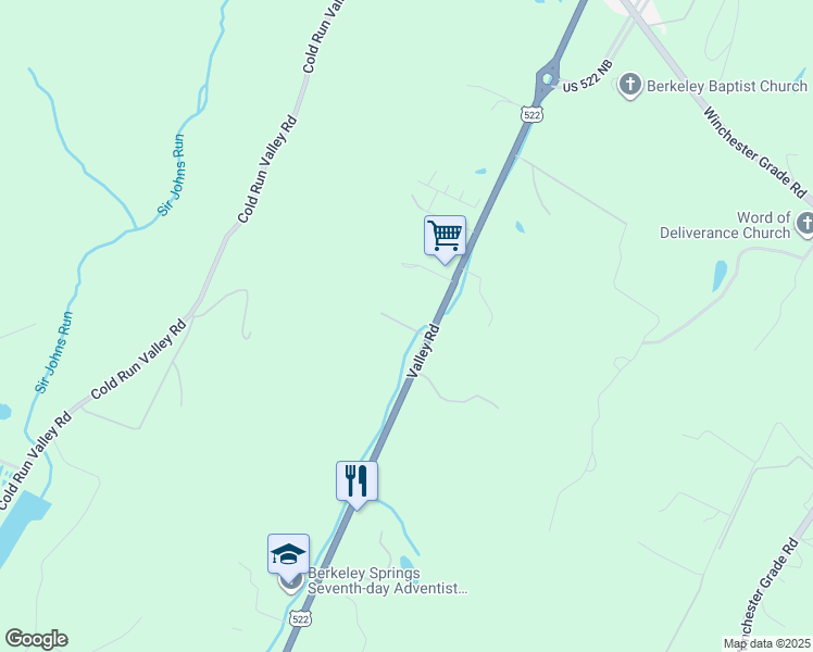 map of restaurants, bars, coffee shops, grocery stores, and more near 3077 Valley Road in Berkeley Springs