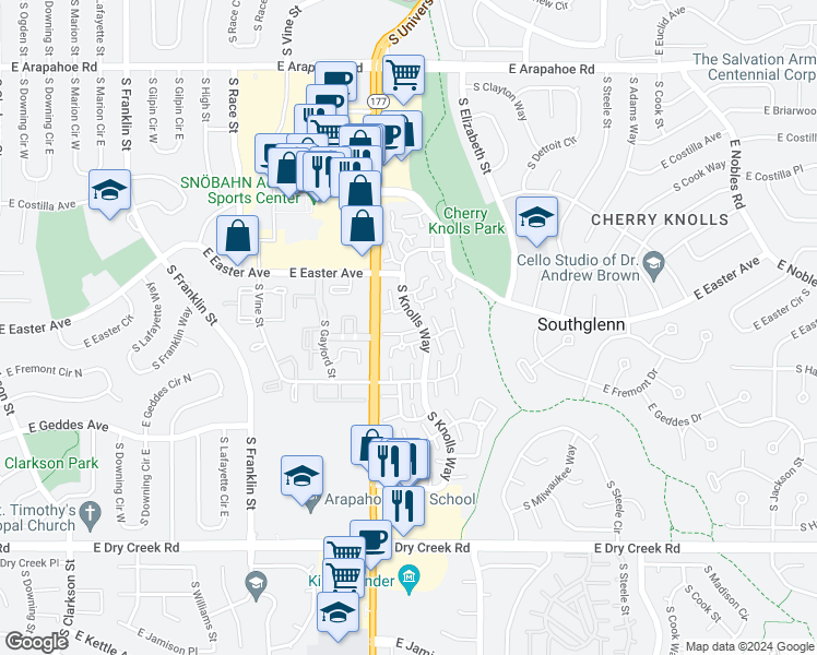 map of restaurants, bars, coffee shops, grocery stores, and more near 2529 East Fremont Court in Centennial