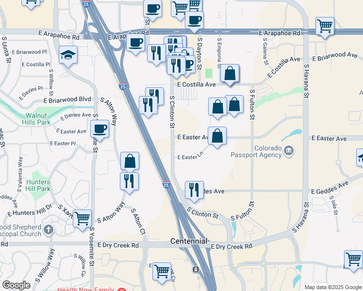 map of restaurants, bars, coffee shops, grocery stores, and more near 7101 South Clinton Street in Centennial
