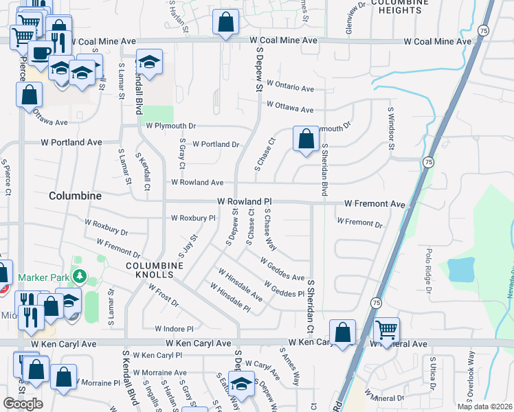 map of restaurants, bars, coffee shops, grocery stores, and more near 5584 West Rowland Place in Littleton