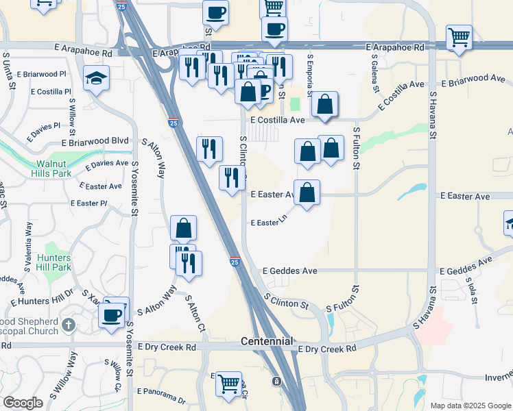 map of restaurants, bars, coffee shops, grocery stores, and more near 7101 South Clinton Street in Centennial