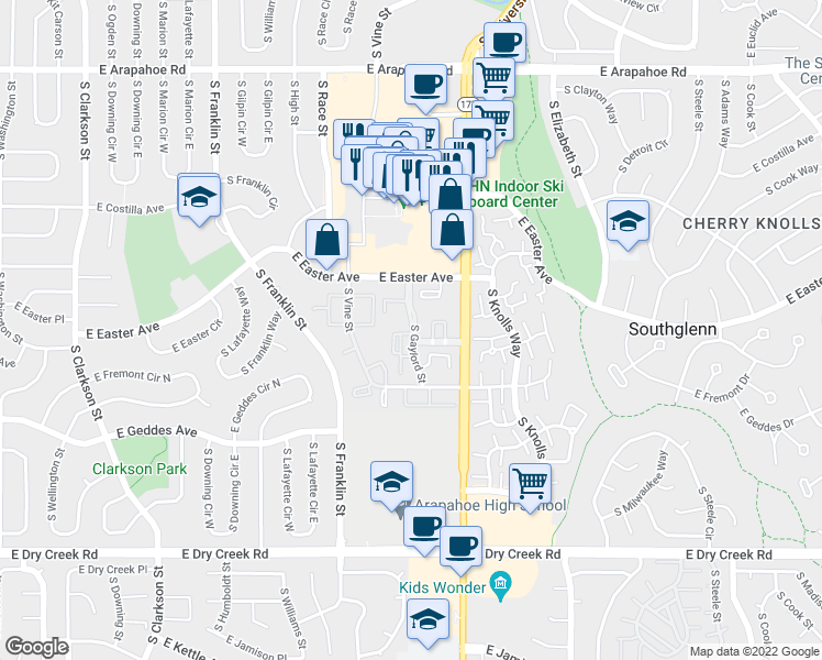 map of restaurants, bars, coffee shops, grocery stores, and more near 7165 South Gaylord Street in Centennial