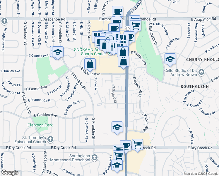 map of restaurants, bars, coffee shops, grocery stores, and more near 7165 South Gaylord Street in Centennial