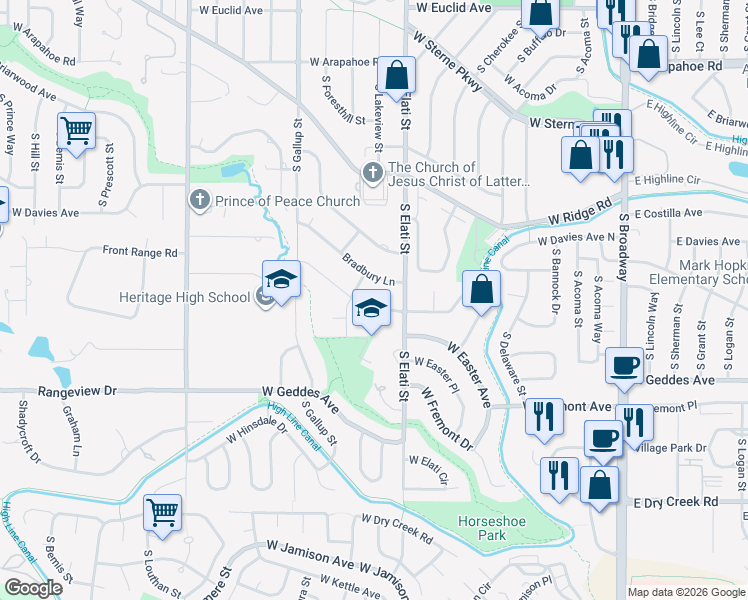 map of restaurants, bars, coffee shops, grocery stores, and more near 15 Bradbury Lane in Littleton
