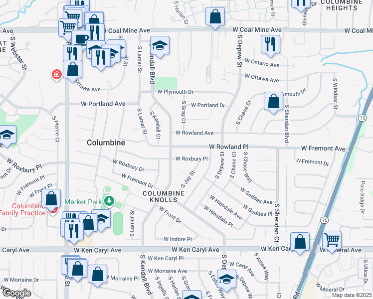 map of restaurants, bars, coffee shops, grocery stores, and more near 5990 West Rowland Avenue in Littleton