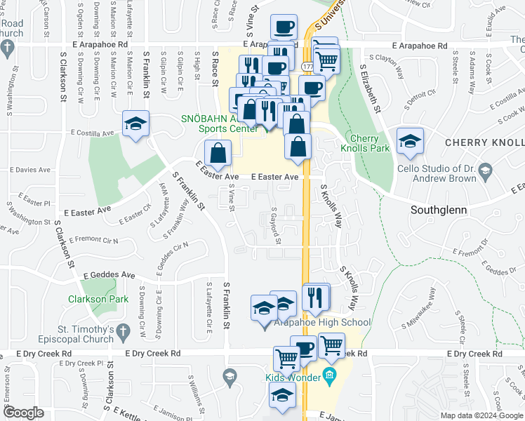 map of restaurants, bars, coffee shops, grocery stores, and more near 7185 South Gaylord Street in Centennial