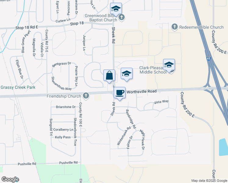 map of restaurants, bars, coffee shops, grocery stores, and more near 2111 Sheek Road in Greenwood