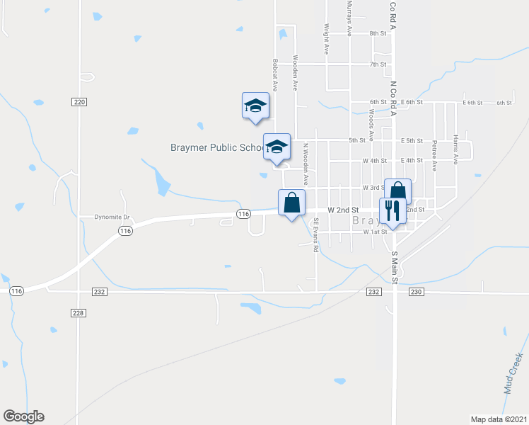 map of restaurants, bars, coffee shops, grocery stores, and more near 12498 Missouri 116 in Braymer
