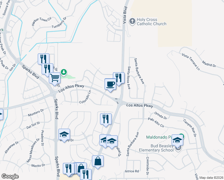 map of restaurants, bars, coffee shops, grocery stores, and more near 5265 Vista Boulevard in Sparks