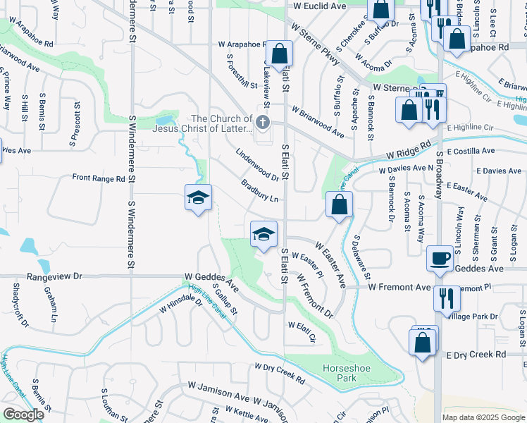 map of restaurants, bars, coffee shops, grocery stores, and more near 15 Bradbury Lane in Littleton