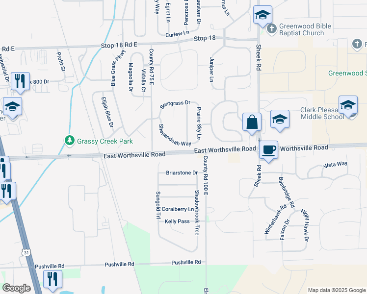 map of restaurants, bars, coffee shops, grocery stores, and more near 953 Shenandoah Way in Greenwood