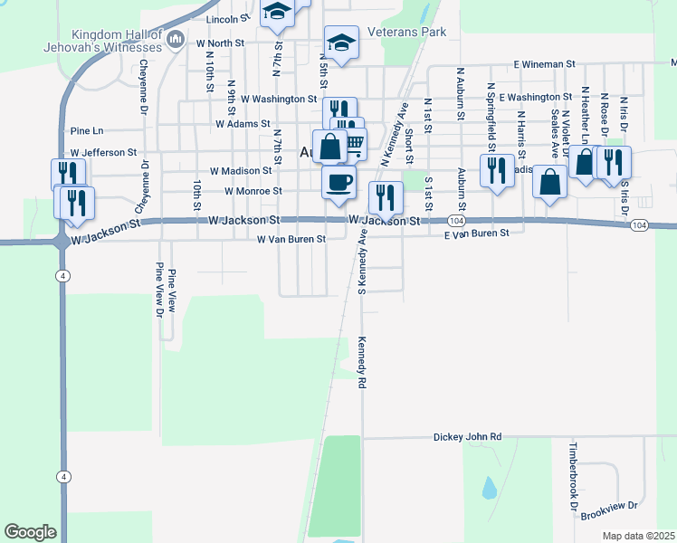 map of restaurants, bars, coffee shops, grocery stores, and more near 414 South 5th Street in Auburn