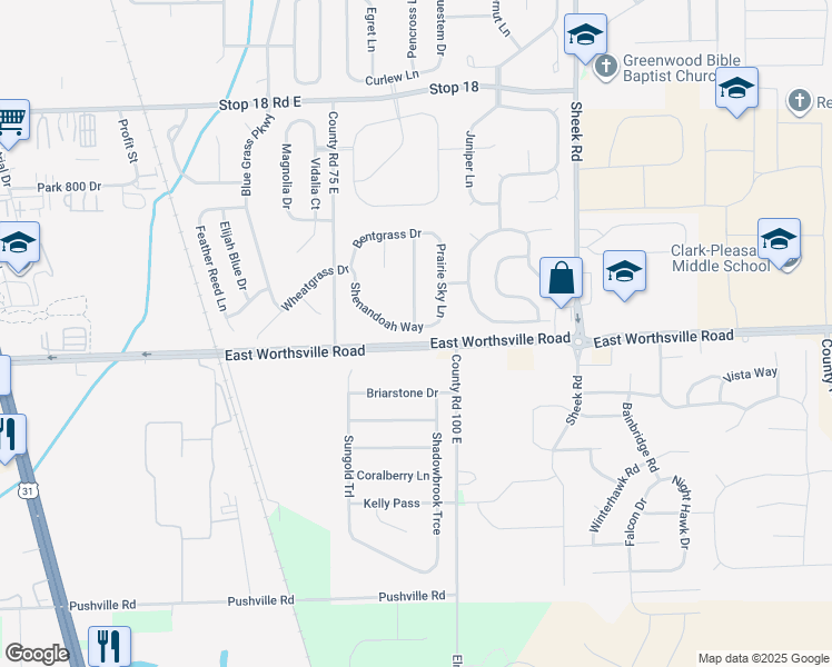 map of restaurants, bars, coffee shops, grocery stores, and more near 959 Shenandoah Way in Greenwood