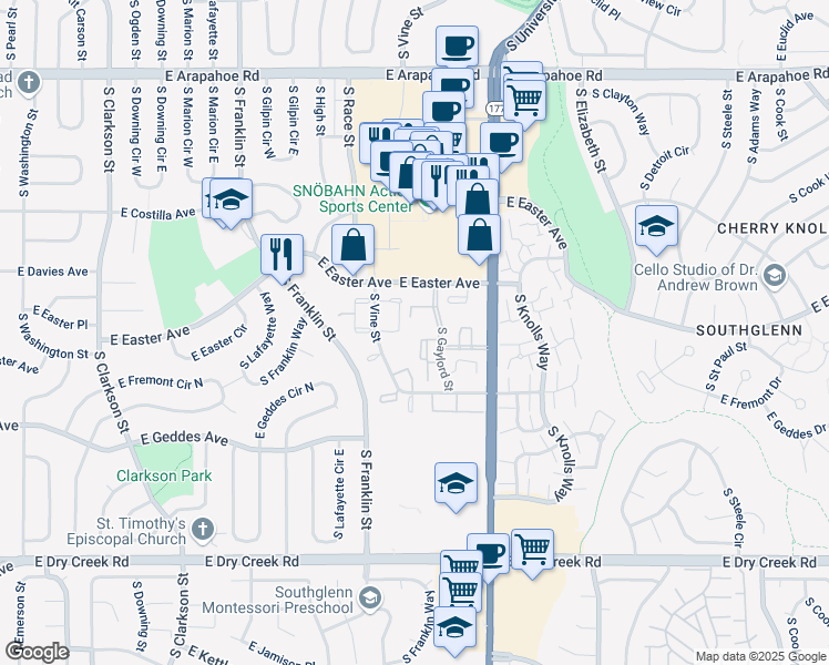 map of restaurants, bars, coffee shops, grocery stores, and more near 7130 South Vine Circle East in Centennial