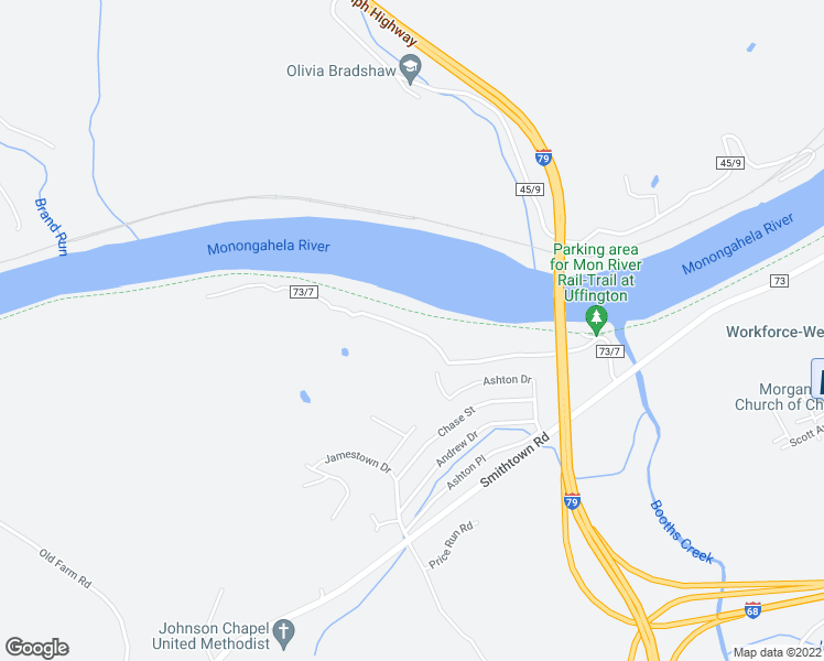 map of restaurants, bars, coffee shops, grocery stores, and more near Round Bottom Road in Morgantown