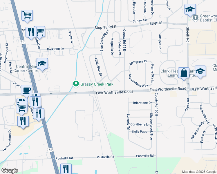 map of restaurants, bars, coffee shops, grocery stores, and more near 781 Wheatgrass Drive in Greenwood
