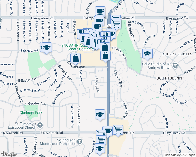 map of restaurants, bars, coffee shops, grocery stores, and more near 2301 East Fremont Avenue in Centennial