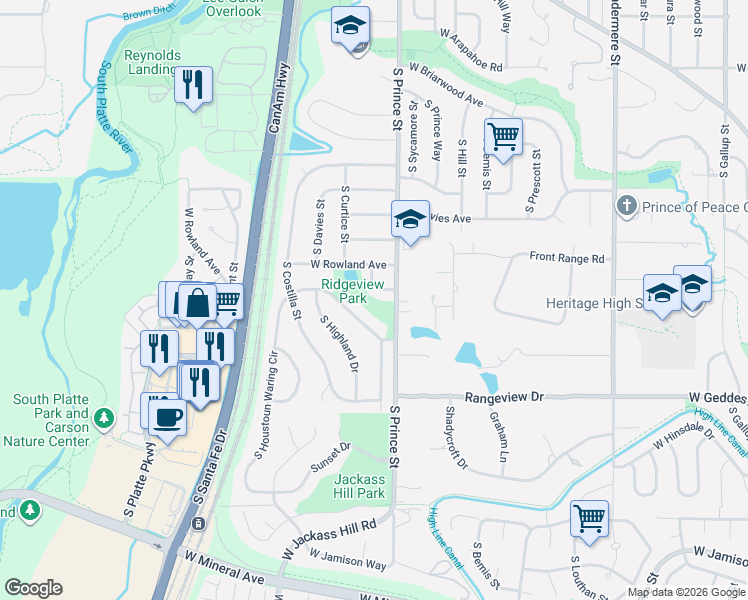 map of restaurants, bars, coffee shops, grocery stores, and more near 2454 Park Lane in Littleton