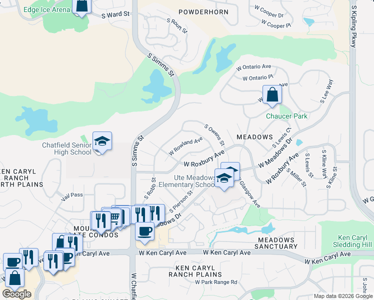 map of restaurants, bars, coffee shops, grocery stores, and more near 11046 West Rowland Avenue in Littleton