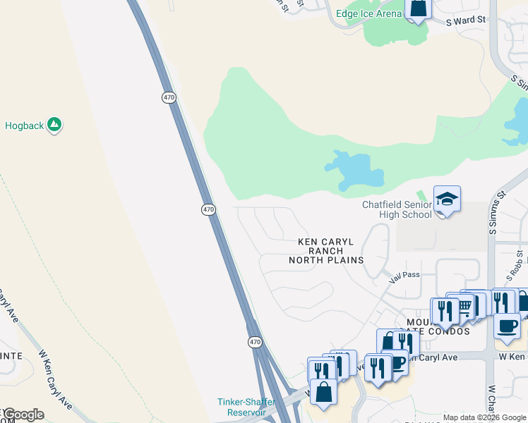 map of restaurants, bars, coffee shops, grocery stores, and more near C-470 Bikeway in Littleton