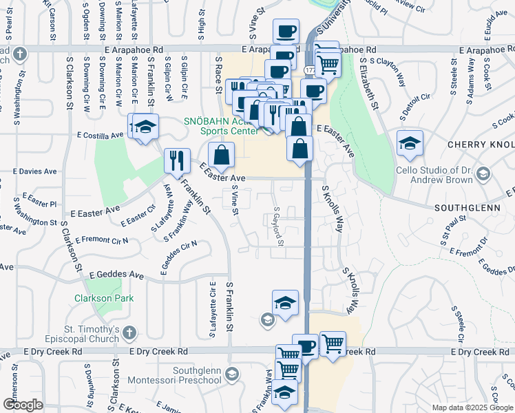 map of restaurants, bars, coffee shops, grocery stores, and more near 7165 South Gaylord Street in Centennial