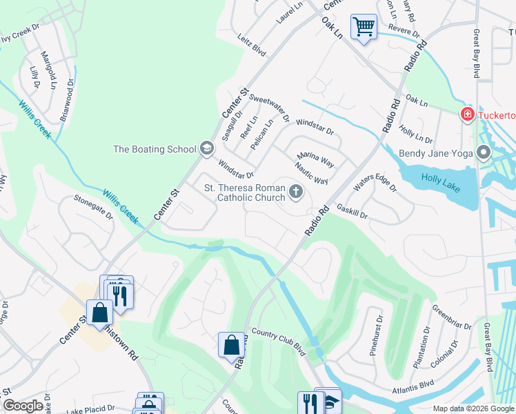 map of restaurants, bars, coffee shops, grocery stores, and more near 105 Westchester Drive in Little Egg Harbor Township