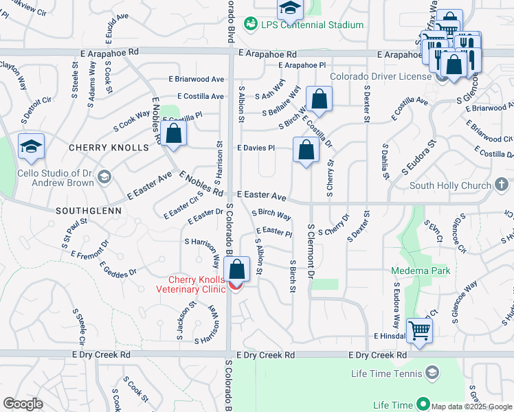 map of restaurants, bars, coffee shops, grocery stores, and more near 4126 East Easter Avenue in Centennial