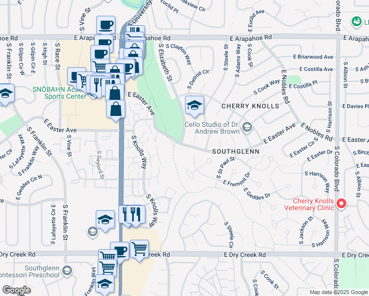 map of restaurants, bars, coffee shops, grocery stores, and more near 2810 East Easter Avenue in Centennial