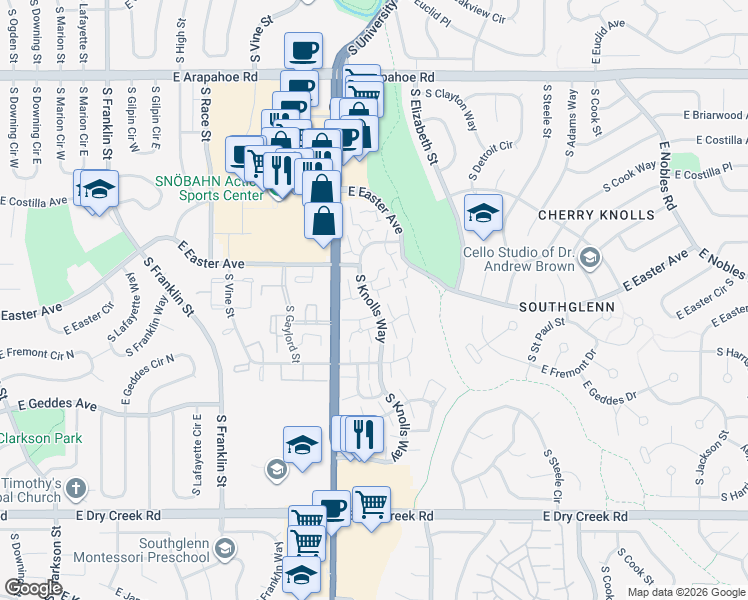 map of restaurants, bars, coffee shops, grocery stores, and more near 7069 South Knolls Way in Centennial