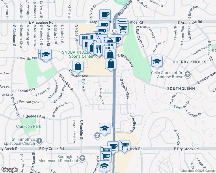map of restaurants, bars, coffee shops, grocery stores, and more near 2301 East Fremont Avenue in Centennial