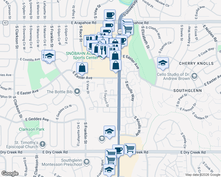 map of restaurants, bars, coffee shops, grocery stores, and more near 2301 East Fremont Avenue in Centennial