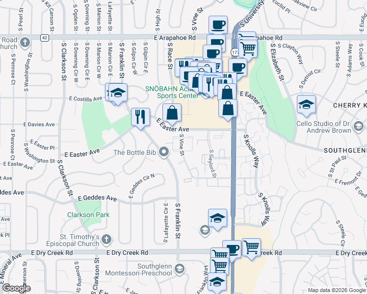 map of restaurants, bars, coffee shops, grocery stores, and more near 7130 South Vine Circle East in Centennial